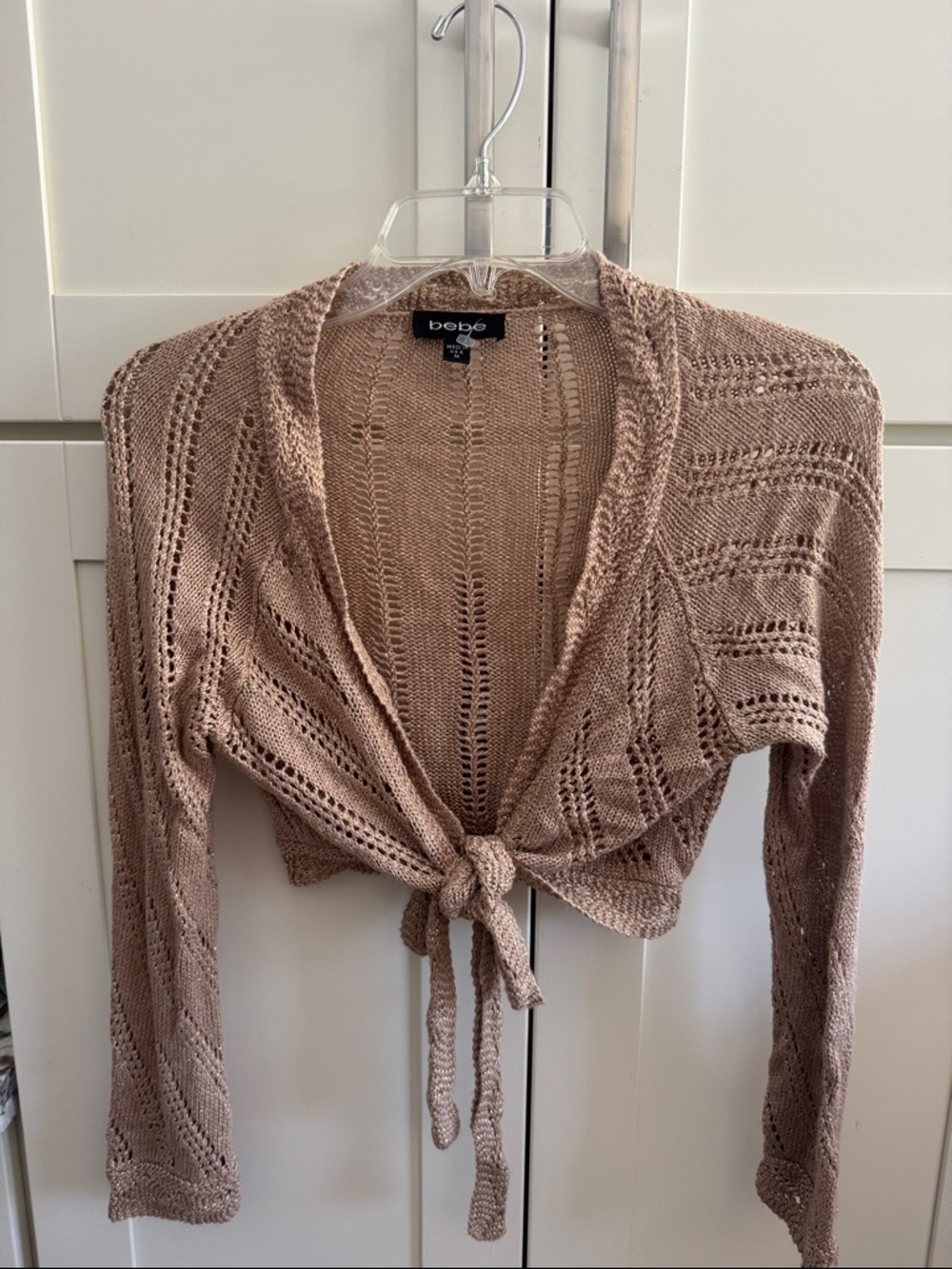bebe Lightweight Knit Tie-Front Cardigan in Taupe